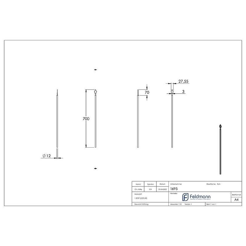 Zaunstab Ø 12mm, H: 700mm, konisch mit Zaunspitze