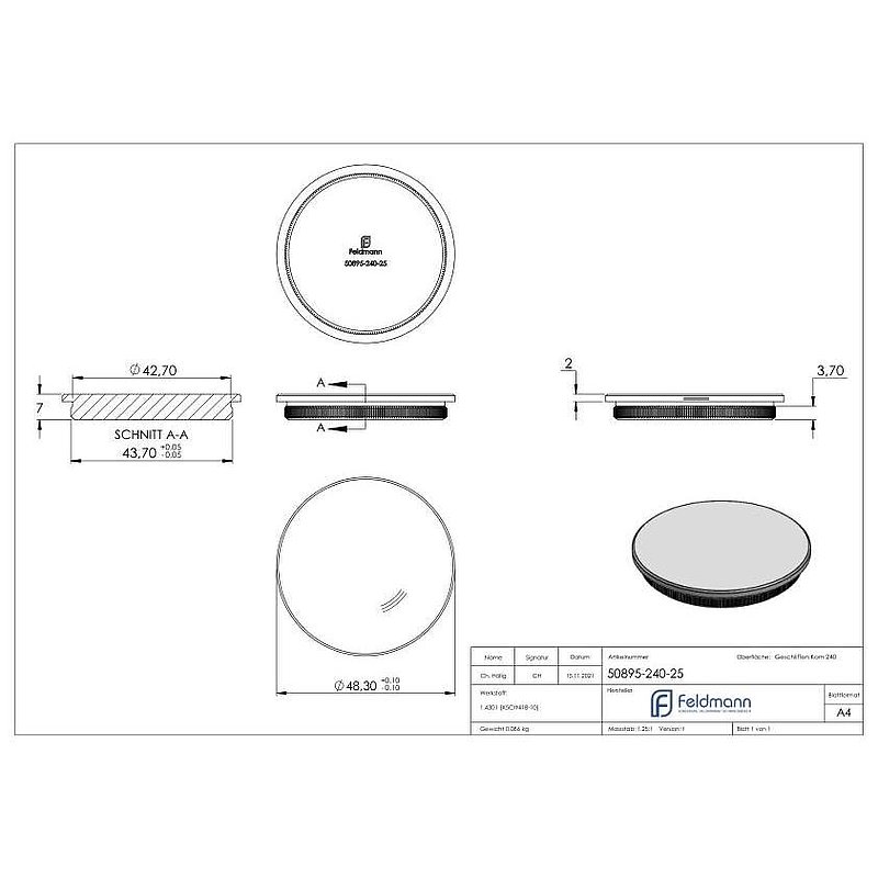 Bouchon pour extrémité de tube, pour tube 48,3x2,5mm, V2A