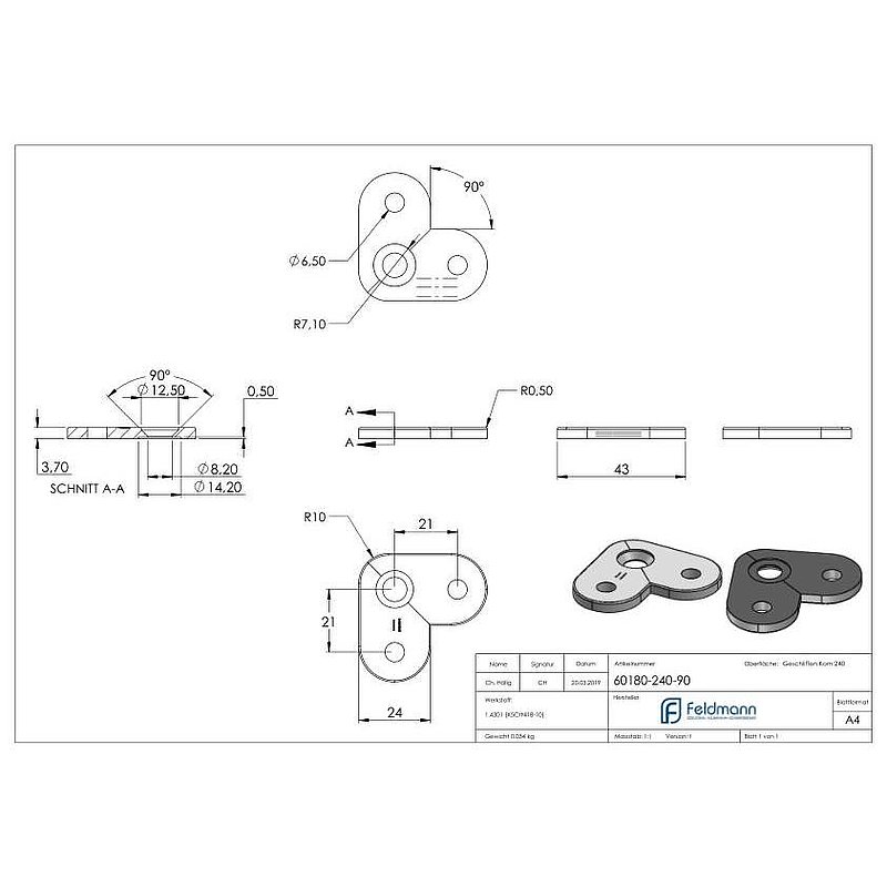 Handrail connection plate 90°, flat, AISI304
