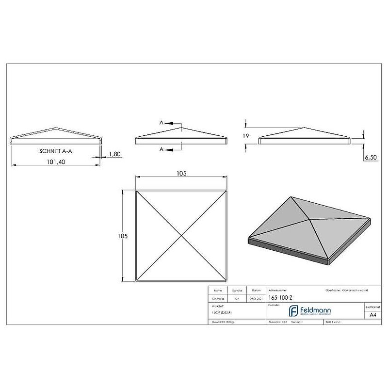 Pillar cover for tube 100x100mm, galvanised