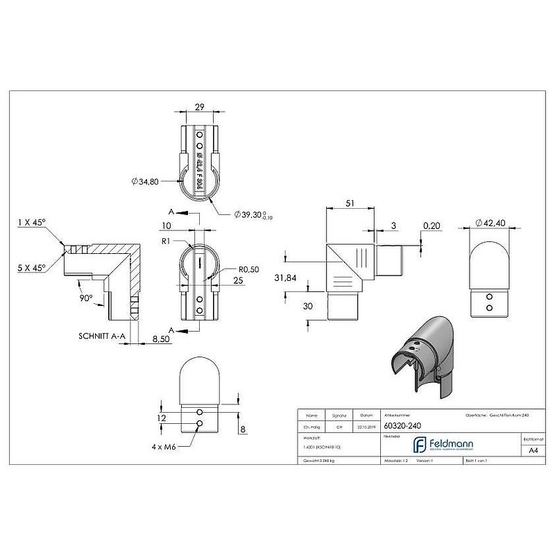 Vertical corner bend, for 42.4 mm, AISI304, frame corner