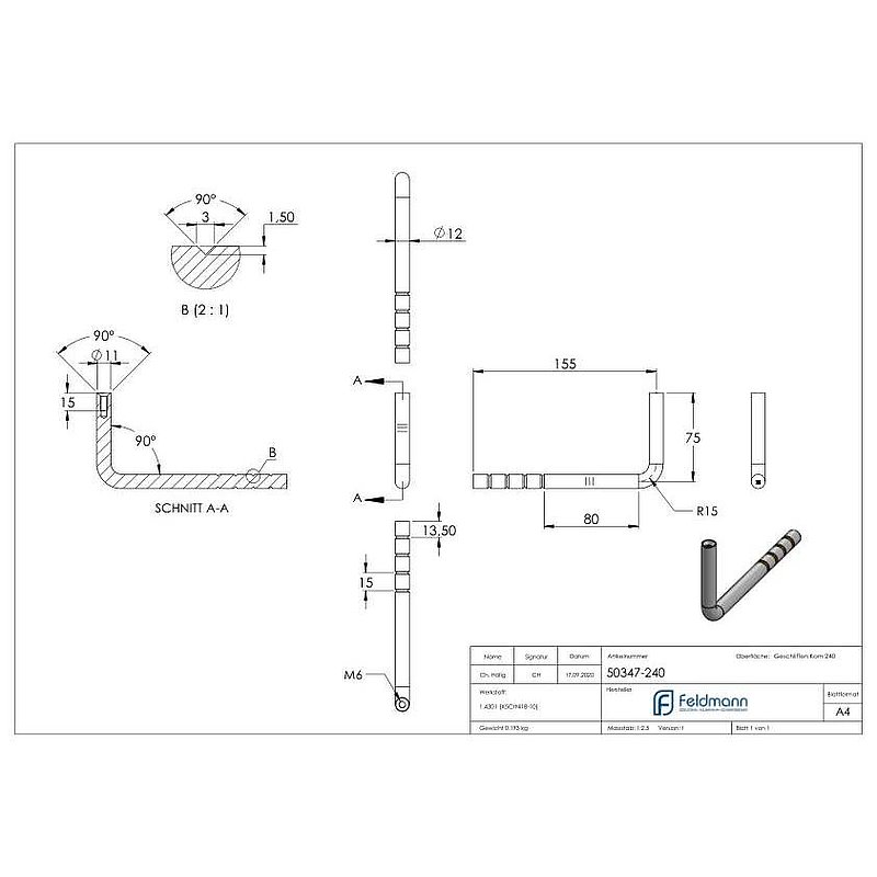 Handlaufhalter zum Einbetonieren, Bügel 12mm, V2A