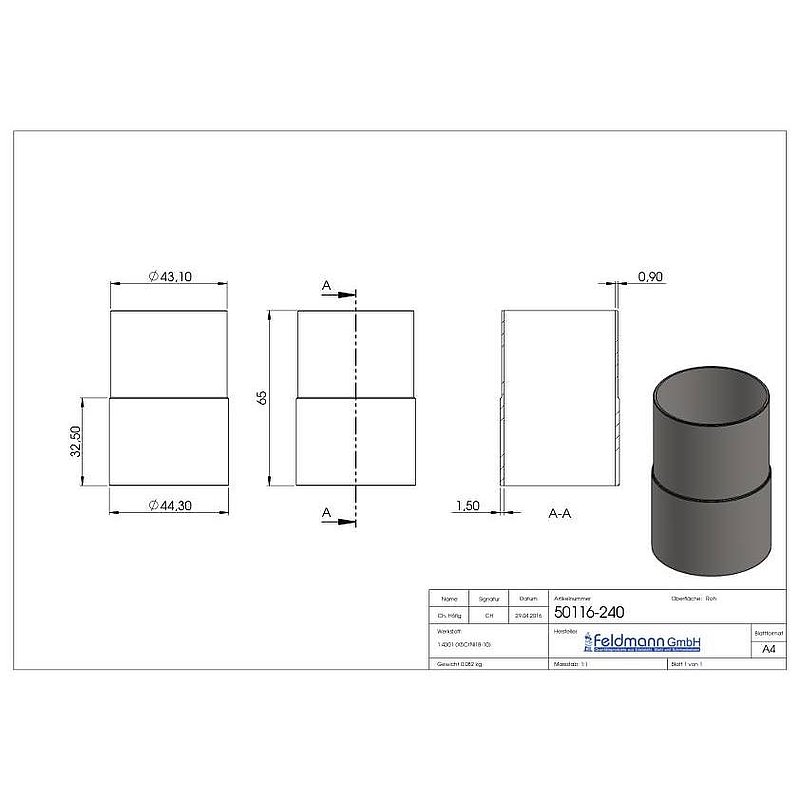 Verbindungsstück von 48,3x2,5mm auf 48,3x2,0mm, V2A