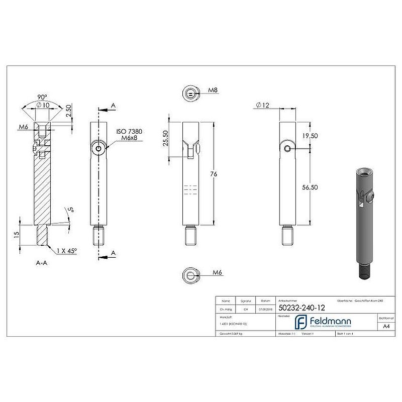 Tige articulée Ø 12mm, L: 76mm, V2A