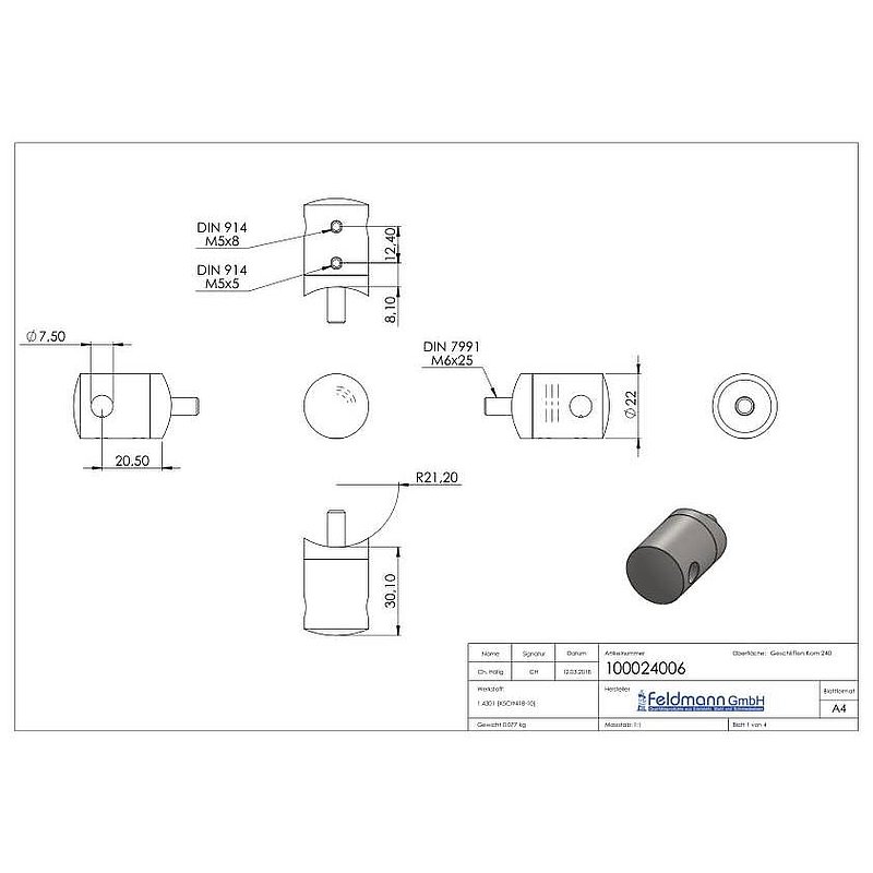 Seilhalter, für 6mm Seil, Anschluss: 42,4mm, V2A
