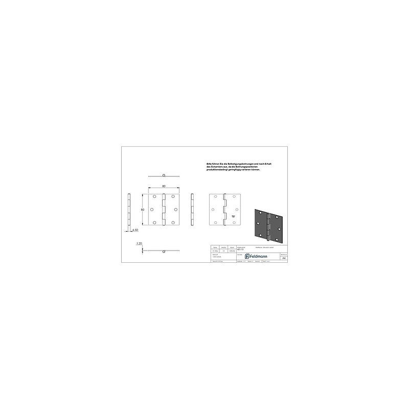 Scharnier 80x80mm mit festem Zapfen
