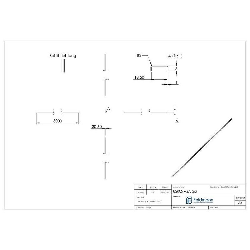 Kantenschutz EXTRA SLIM, für Glas 16,00 - 17,52mm, L: 3000mm, Edelstahl V4A