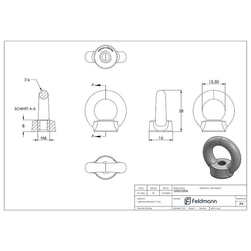Ring nut with 6mm internal thread, AISI316