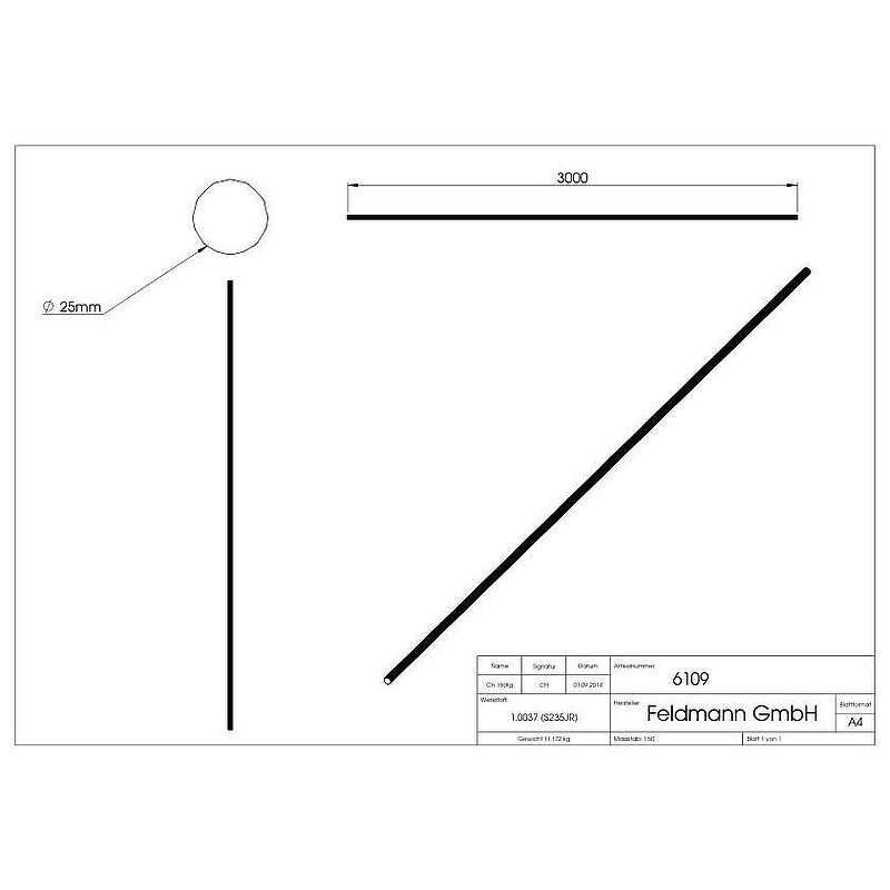 Round bar 25mm, L: 3000mm