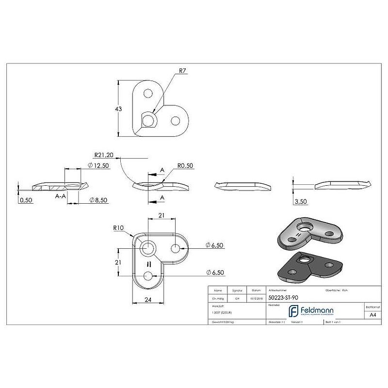 Handrail connection plate S235JR, pipe connection 42.4mm, 90°