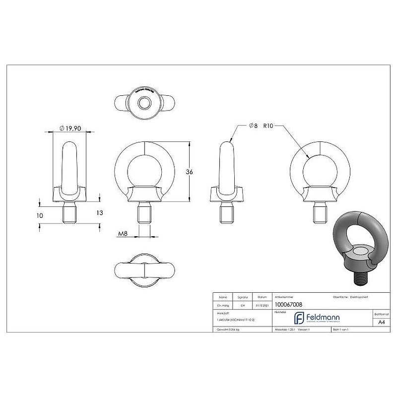 Anneau de levage fileté M8 DIN 580, fer rond : Ø 8mm, V4A