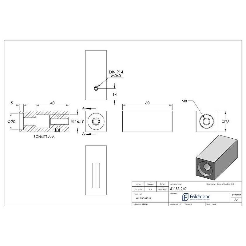 Rohrabstandshalter eckig 25x25mm - für gerade Flächen, V2A