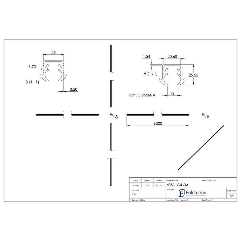 Keildichtung Glas 11,52 - 13,52mm, für Nut 24x24mm, 6m
