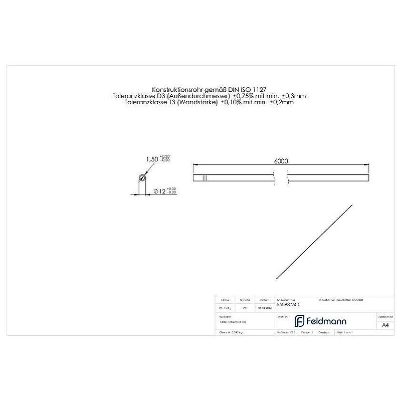 Edelstahlrohr, 12,0x1,5mm, L: 6000mm, V2A