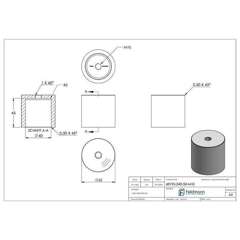 Unterteil für 52mm Glaspunkthalter, t: 50mm, mit M10, V2A