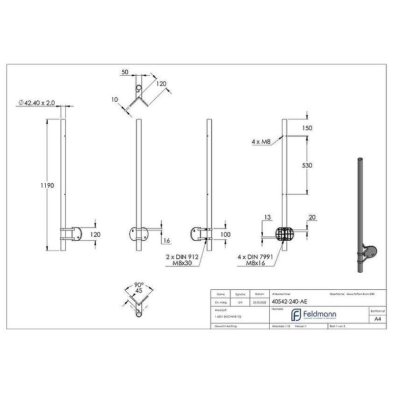 Edelstahlpfosten V2A zur Wandmontage für 90° Außeneck, H: 1190mm