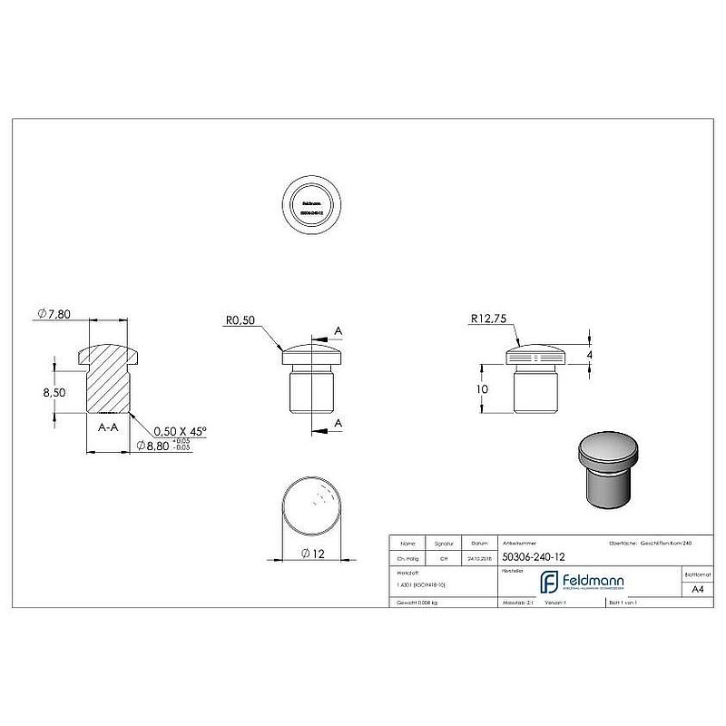 Rohrabschlussstopfen, für Rohr 12,0x1,5mm, V2A