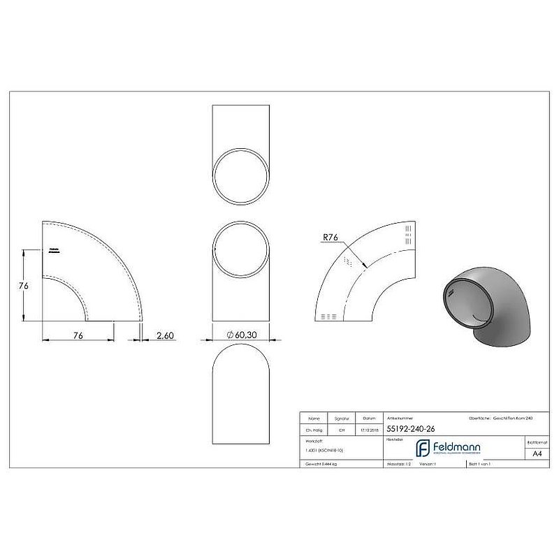 Schweißbogen 90°, 60,3x2,6mm, V2A