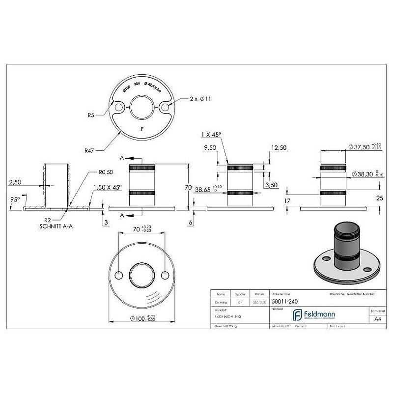 Ancrage mural et au sol avec striures, pour tube 42,4x2,0mm, V2A