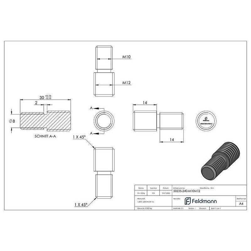Gewindeadapter von M10 auf M12, V2A