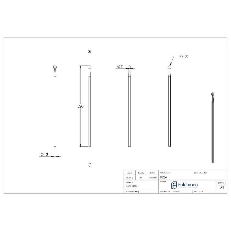 Zaunstab Ø 12mm, H: 520mm, Kugel 19mm