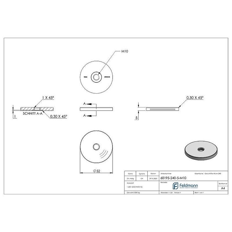 Partie inférieure pour point de fixation 52mm, ép.: 5mm, avec M10, V2A