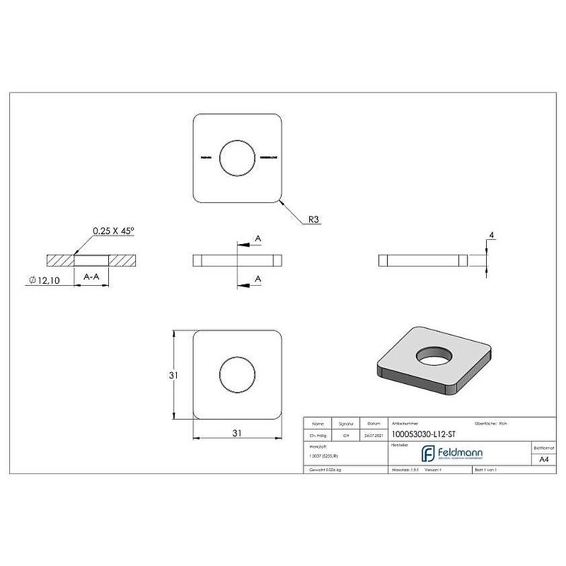 Flachkappe für QR 30x30mm mit Bohrung 12,1mm, Stahl roh