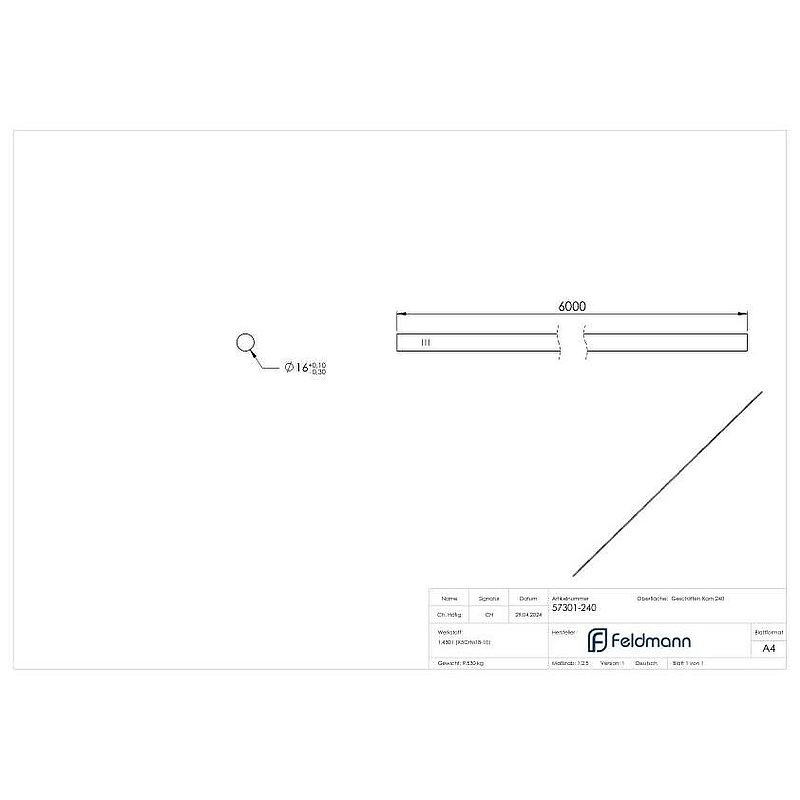 Barre ronde acier inoxydable, Ø 16mm, L: 6000mm, V2A