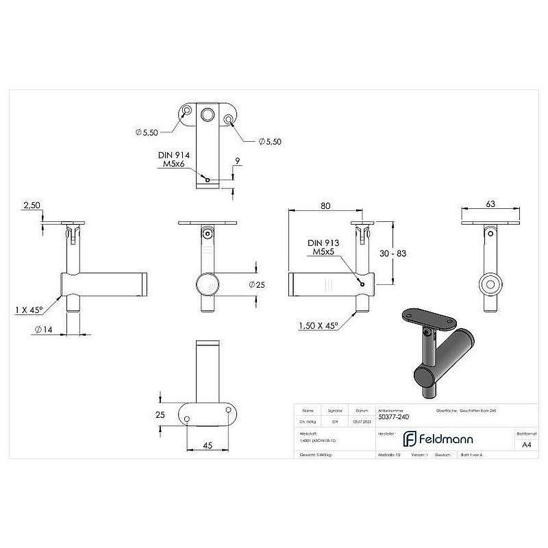 Handlaufhalter mit Gelenk, Handlaufanschlussplatte flach, V2A