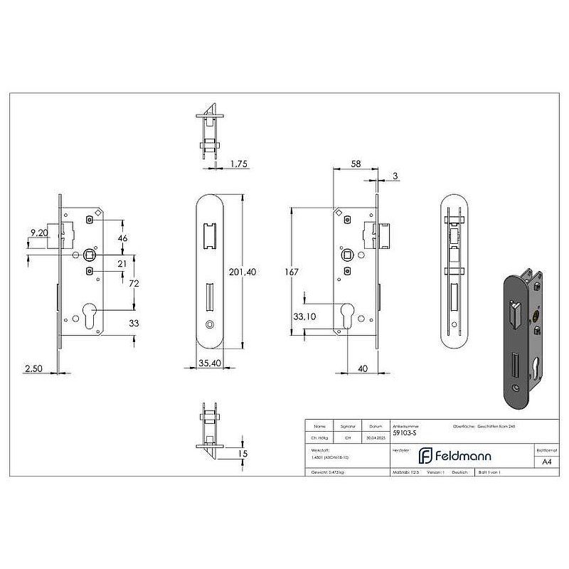 Galvanised lock without lock case, suitable for 59103-240, 35mm