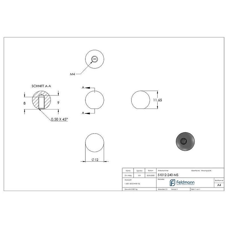 Messingkugel Ø 12mm mit M4