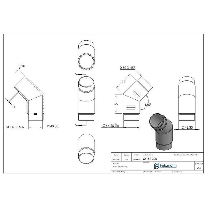 Coude à 135° droit, pour tube Ø 48,3x2,0mm, V2A