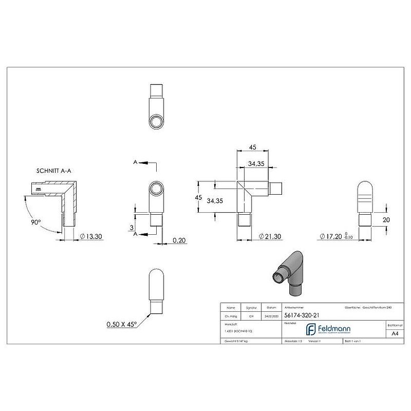 Eckstück 90°, für Rohr 21,3x2,0mm, V2A