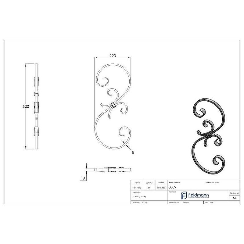 S-volute 16x8mm, 520x220mm