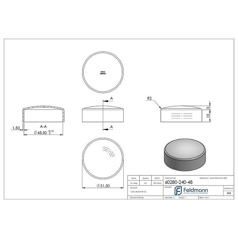 Embout à enfoncer pour tube 48,3mm, V2A