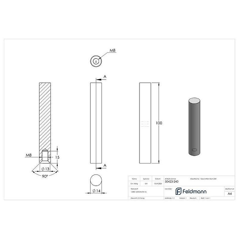 Stift Ø 14mm, L: 100mm, V2A