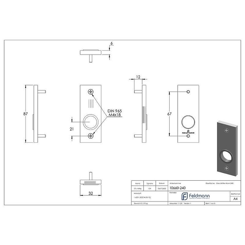 Kurzschild, Abmessung: 32x87x6mm, V2A