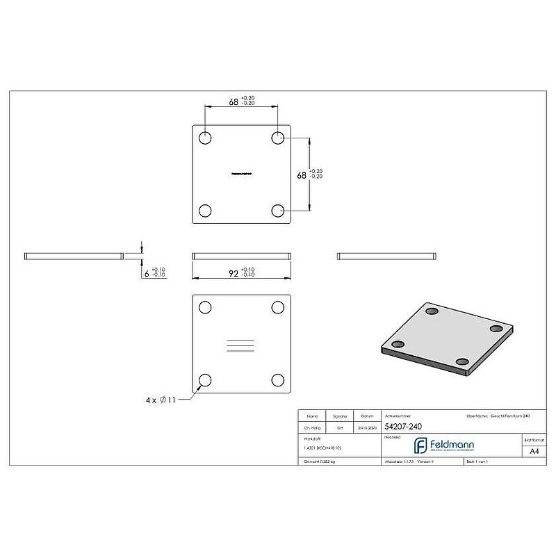 Anchor plate, 92x92x6mm, with longitudinal grinding, AISI304