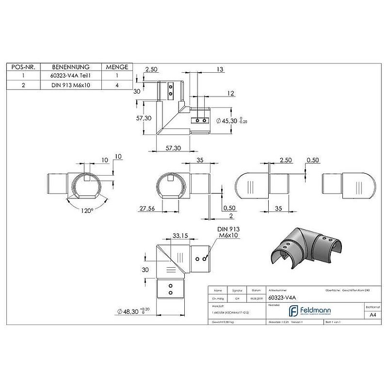 Horizontal corner bend, for 48.3 mm, AISI316, gradient corner