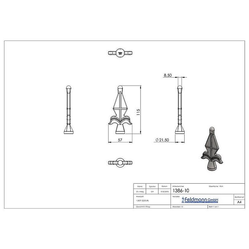 Elément d'ornement en fer de lance 21,5mm, H : 115mm