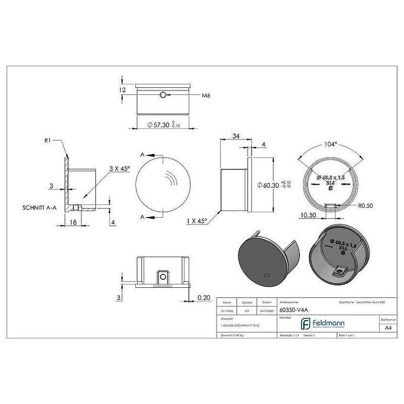 Endkappe für Nutrohr 60,3x1,5mm, V4A