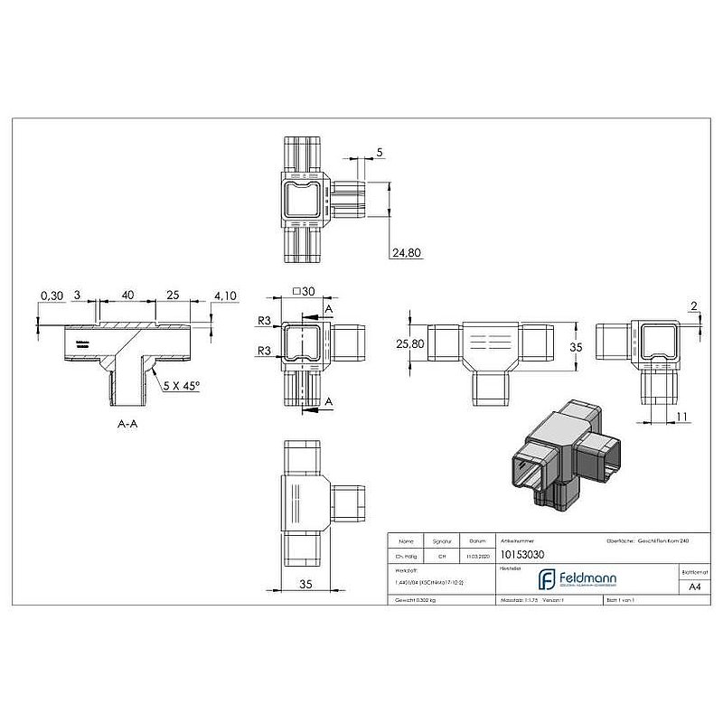 Connector for tube 30x30x2.00mm, AISI316