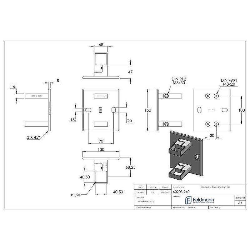 Wall mounting for railing posts 40x40mm, AISI304