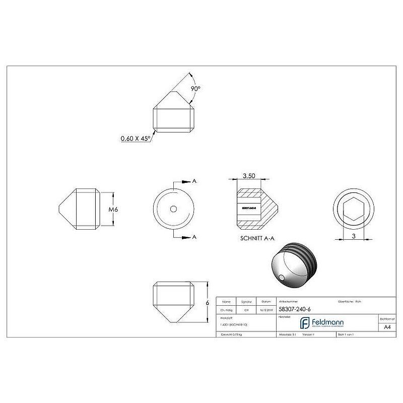 Gewindestift M6x6 , V2A, DIN 914 / ISO 4027