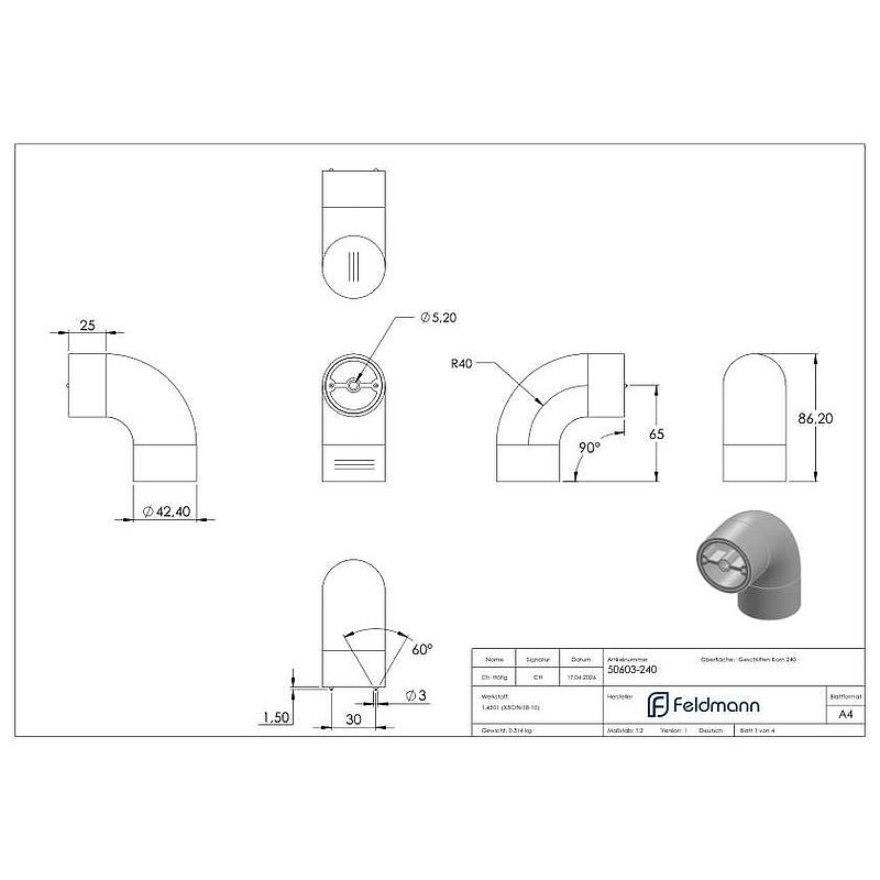 Endbogen 90° für 42,4mm Holzhandlauf, V2A