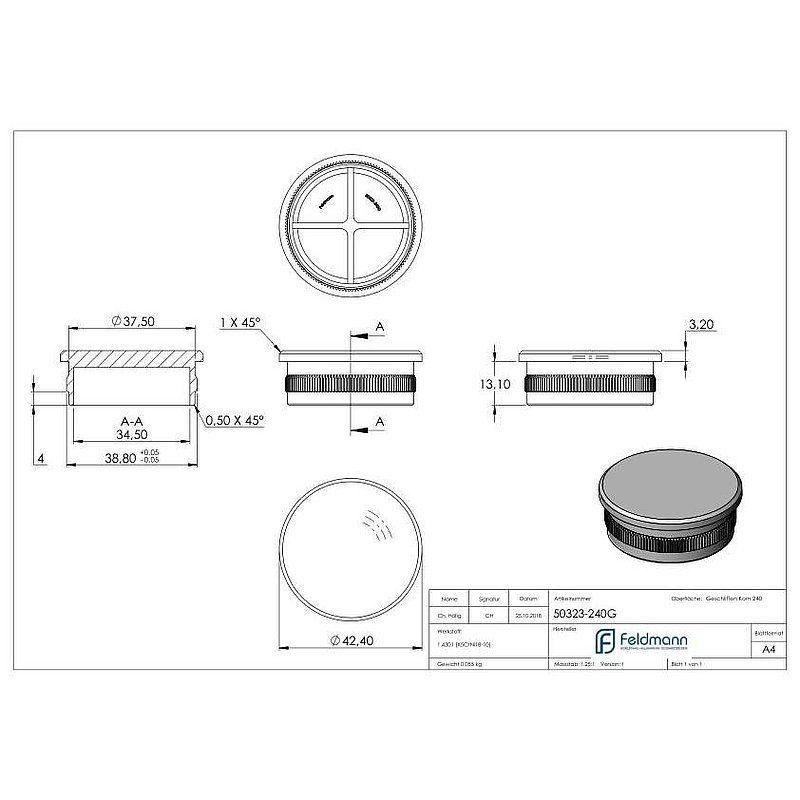 Rohrabschlussstopfen, für Rohr 42,4x2,0mm, V2A