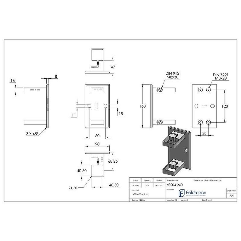 Wall mounting for railing posts 40x40mm, AISI304