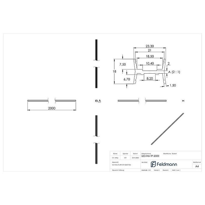 LED-Nutrohr LUNORA®, Aluminium Trägerprofil zum Wenden, für Rund-Nutrohr 42,4mm,  L: 2000mm