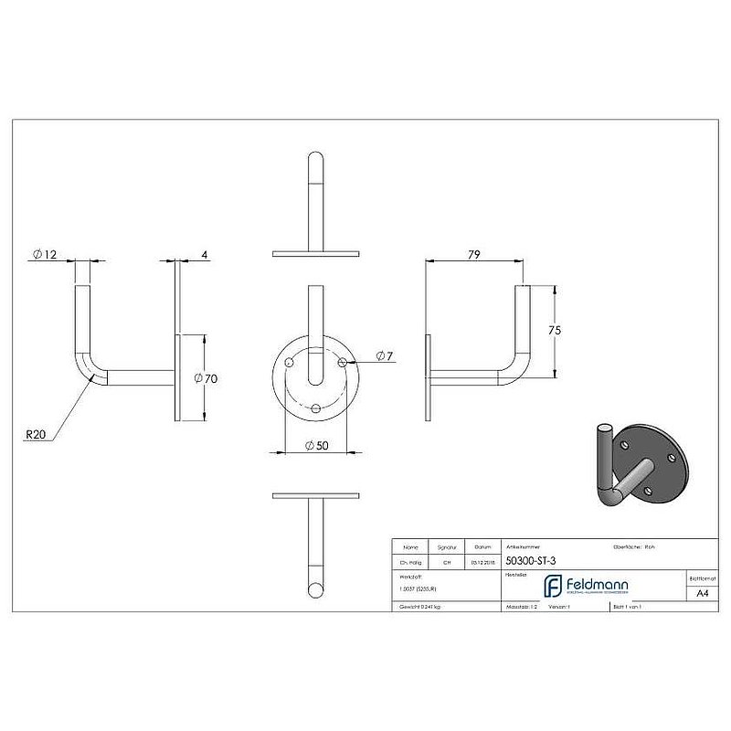 Handlaufträger mit Ronde flach, 70x4mm