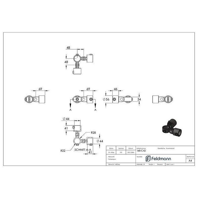 Pivot double, ajustable,, 90°, pour tube Ø 42,4mm